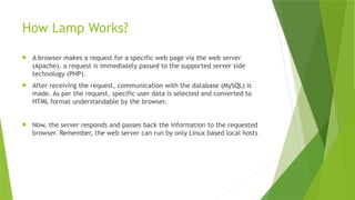 How Lamp Works?
 A browser makes a request for a specific web page via the web server
(Apache), a request is immediately passed to the supported server side
technology (PHP).
 After receiving the request, communication with the database (MySQL) is
made. As per the request, specific user data is selected and converted to
HTML format understandable by the browser.
 Now, the server responds and passes back the information to the requested
browser. Remember, the web server can run by only Linux based local hosts
 