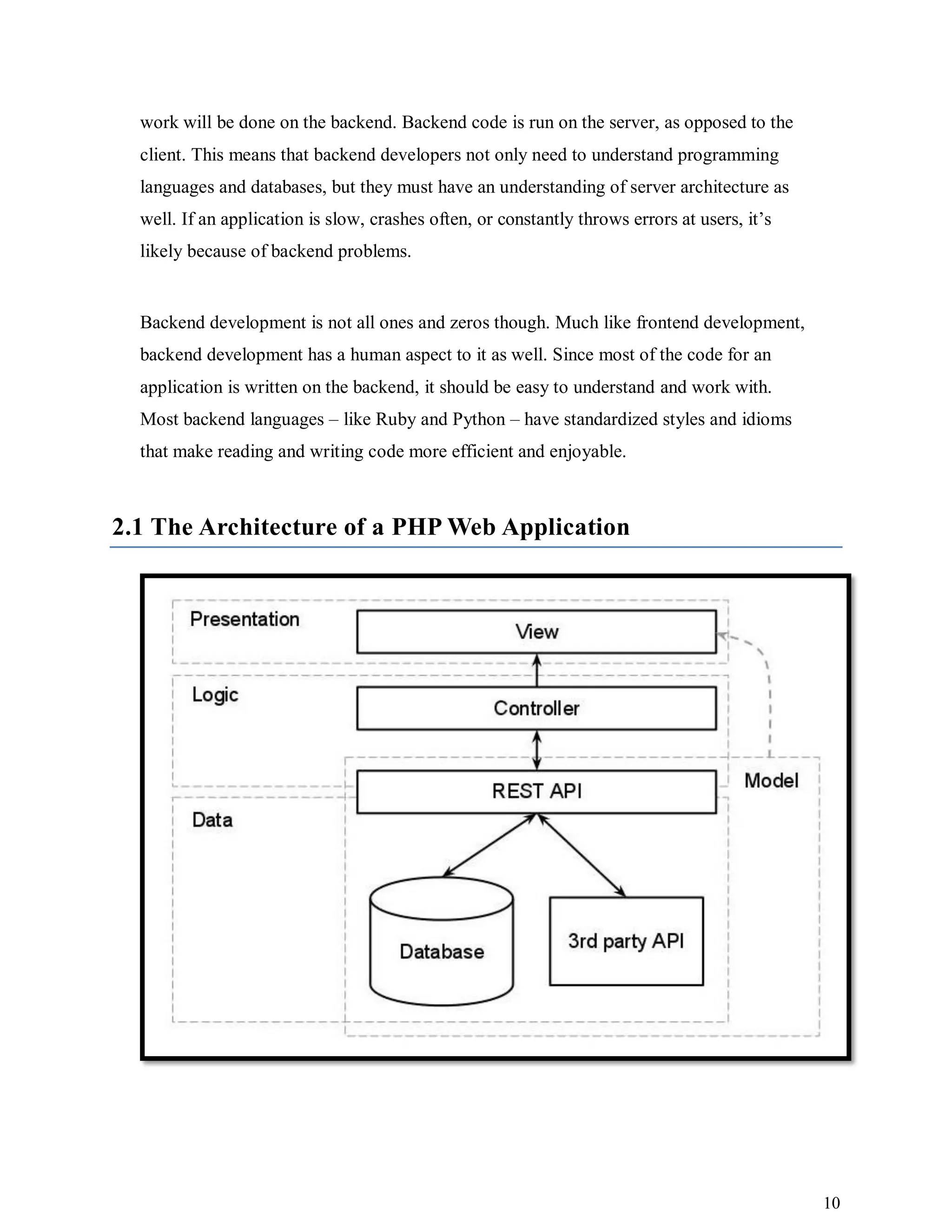 10
work will be done on the backend. Backend code is run on the server, as opposed to the
client. This means that backend developers not only need to understand programming
languages and databases, but they must have an understanding of server architecture as
well. If an application is slow, crashes often, or constantly throws errors at users, it’s
likely because of backend problems.
Backend development is not all ones and zeros though. Much like frontend development,
backend development has a human aspect to it as well. Since most of the code for an
application is written on the backend, it should be easy to understand and work with.
Most backend languages – like Ruby and Python – have standardized styles and idioms
that make reading and writing code more efficient and enjoyable.
2.1 The Architecture of a PHP Web Application
 