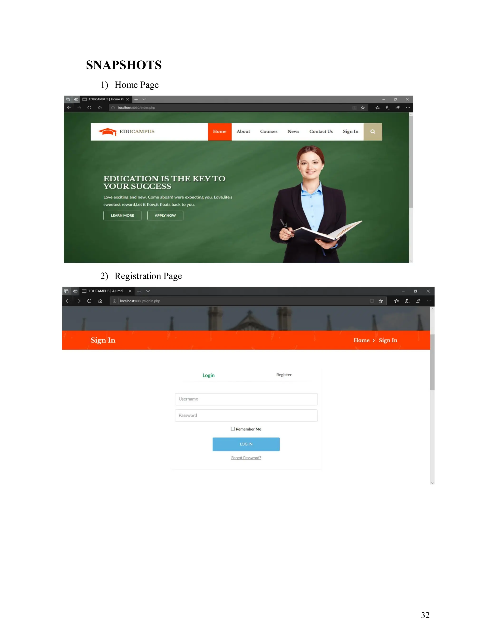 32
SNAPSHOTS
1) Home Page
2) Registration Page
 