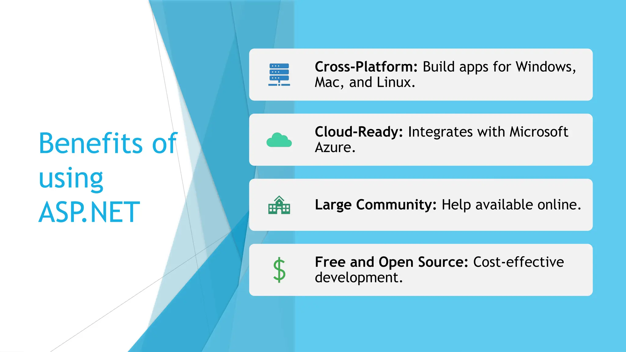 Benefits of
using
ASP.NET
Cross-Platform: Build apps for Windows,
Mac, and Linux.
Cloud-Ready: Integrates with Microsoft
Azure.
Large Community: Help available online.
Free and Open Source: Cost-effective
development.
 