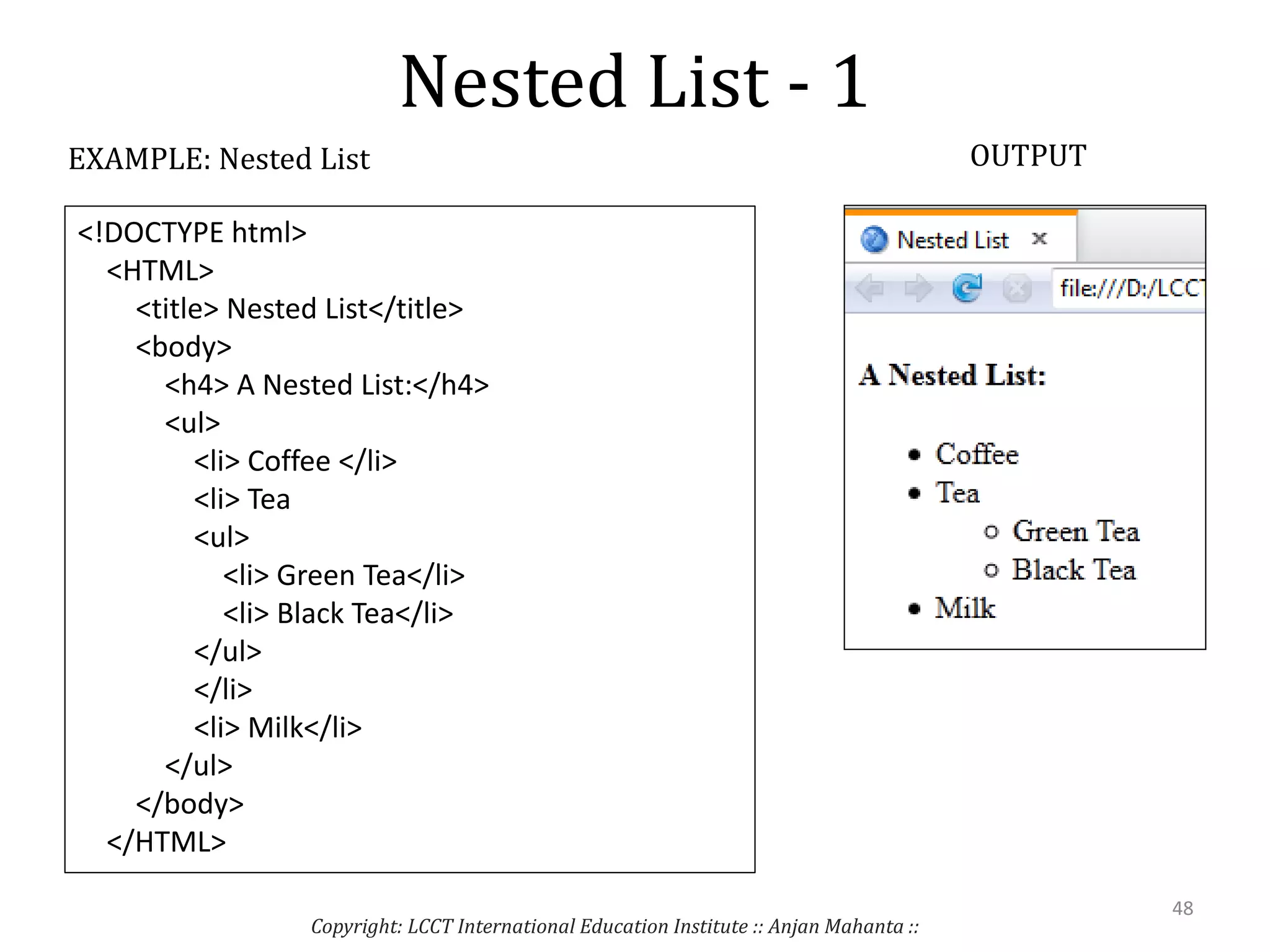 Nested List - 1
Copyright: LCCT International Education Institute :: Anjan Mahanta ::
48
EXAMPLE: Nested List OUTPUT
<!DOCTYPE html>
<HTML>
<title> Nested List</title>
<body>
<h4> A Nested List:</h4>
<ul>
<li> Coffee </li>
<li> Tea
<ul>
<li> Green Tea</li>
<li> Black Tea</li>
</ul>
</li>
<li> Milk</li>
</ul>
</body>
</HTML>
 