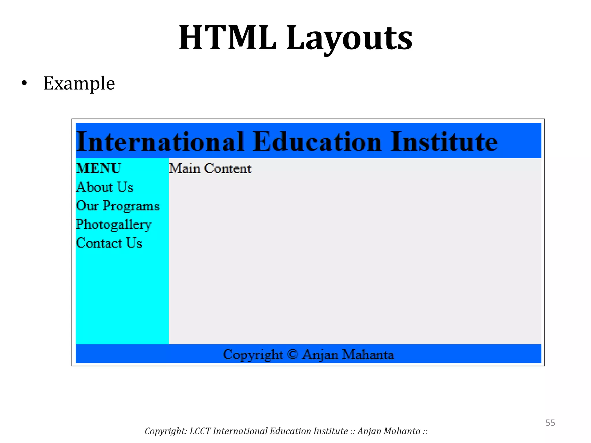 HTML Layouts
• Example
Copyright: LCCT International Education Institute :: Anjan Mahanta ::
55
 