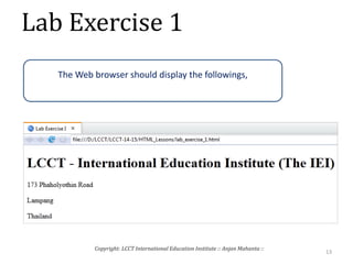 Lab Exercise 1
13
Copyright: LCCT International Education Institute :: Anjan Mahanta ::
The Web browser should display the followings,
 