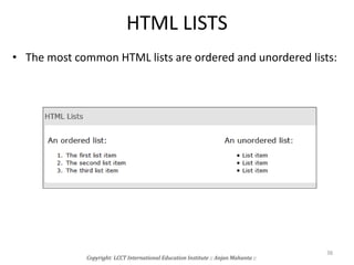 HTML LISTS
• The most common HTML lists are ordered and unordered lists:
Copyright: LCCT International Education Institute :: Anjan Mahanta ::
38
 