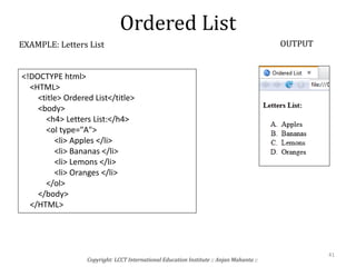 Ordered List
Copyright: LCCT International Education Institute :: Anjan Mahanta ::
41
EXAMPLE: Letters List OUTPUT
<!DOCTYPE html>
<HTML>
<title> Ordered List</title>
<body>
<h4> Letters List:</h4>
<ol type="A">
<li> Apples </li>
<li> Bananas </li>
<li> Lemons </li>
<li> Oranges </li>
</ol>
</body>
</HTML>
 
