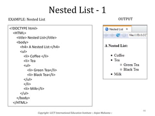 Nested List - 1
Copyright: LCCT International Education Institute :: Anjan Mahanta ::
48
EXAMPLE: Nested List OUTPUT
<!DOCTYPE html>
<HTML>
<title> Nested List</title>
<body>
<h4> A Nested List:</h4>
<ul>
<li> Coffee </li>
<li> Tea
<ul>
<li> Green Tea</li>
<li> Black Tea</li>
</ul>
</li>
<li> Milk</li>
</ul>
</body>
</HTML>
 
