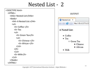 Nested List - 2
Copyright: LCCT International Education Institute :: Anjan Mahanta ::
49
OUTPUT
<!DOCTYPE html>
<HTML>
<title> Nested List</title>
<body>
<h4> A Nested List:</h4>
<ul>
<li> Coffee </li>
<li> Tea
<ul>
<li> Green Tea</li>
<ul>
<li> Chinese </li>
<li> African </li>
</ul>
</li>
</ul>
<li> Milk</li>
</ul>
</body>
</HTML>
 