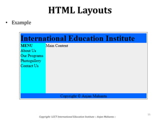HTML Layouts
• Example
Copyright: LCCT International Education Institute :: Anjan Mahanta ::
55
 