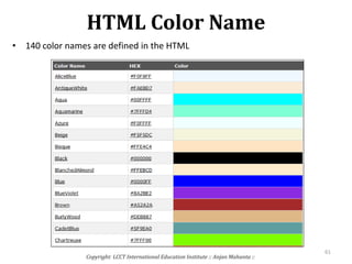 HTML Color Name
• 140 color names are defined in the HTML
Copyright: LCCT International Education Institute :: Anjan Mahanta ::
61
 