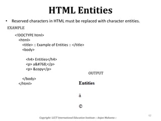 HTML Entities
• Reserved characters in HTML must be replaced with character entities.
Copyright: LCCT International Education Institute :: Anjan Mahanta ::
62
<!DOCTYPE html>
<html>
<title> :: Example of Entities :: </title>
<body>
<h4> Entities</h4>
<p> a&#768;</p>
<p> &copy</p>
</body>
</html>
EXAMPLE
OUTPUT
 