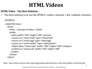 HTML Videos
Copyright: LCCT International Education Institute :: Anjan Mahanta ::
74
HTML Video - The Best Solution
• The best solution is to use the HTML5 <video> element + the <embed> element.
<!DOCTYPE html>
<html>
<title> :: Example of Video ::</title>
<body>
<video width="320" height="240" controls>
<source src="movie.mp4" type="video/mp4"
<source src="movie.ogg" type="video/ogg"
<source src="movie.webm" type="video/webm"
<object data="movie.mp4" width="320" height="240"></object>
<embed src="movie.swf" width="320" height="240"
</video>
</body>
</html>
EXAMPLE
Note : Save a file as movie with .mp4/ogg/webm/swf extension in the same folder as the html file
 