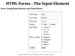 HTML Forms - The Input Element
Copyright: LCCT International Education Institute :: Anjan Mahanta ::
82
Form Using Radio Buttons and Check Boxes
 