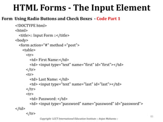 HTML Forms - The Input Element
Copyright: LCCT International Education Institute :: Anjan Mahanta ::
83
Form Using Radio Buttons and Check Boxes - Code Part 1
<!DOCTYPE html>
<html>
<title>:: Input Form ::</title>
<body>
<form action="#" method ="post">
<table>
<tr>
<td> First Name:</td>
<td> <input type="text" name="first" id="first"></td>
</tr>
<tr>
<td> Last Name: </td>
<td> <input type="text" name="last" id="last"></td>
</tr>
<tr>
<td> Password: </td>
<td> <input type="password" name="password" id="password">
</td>
</tr>
 