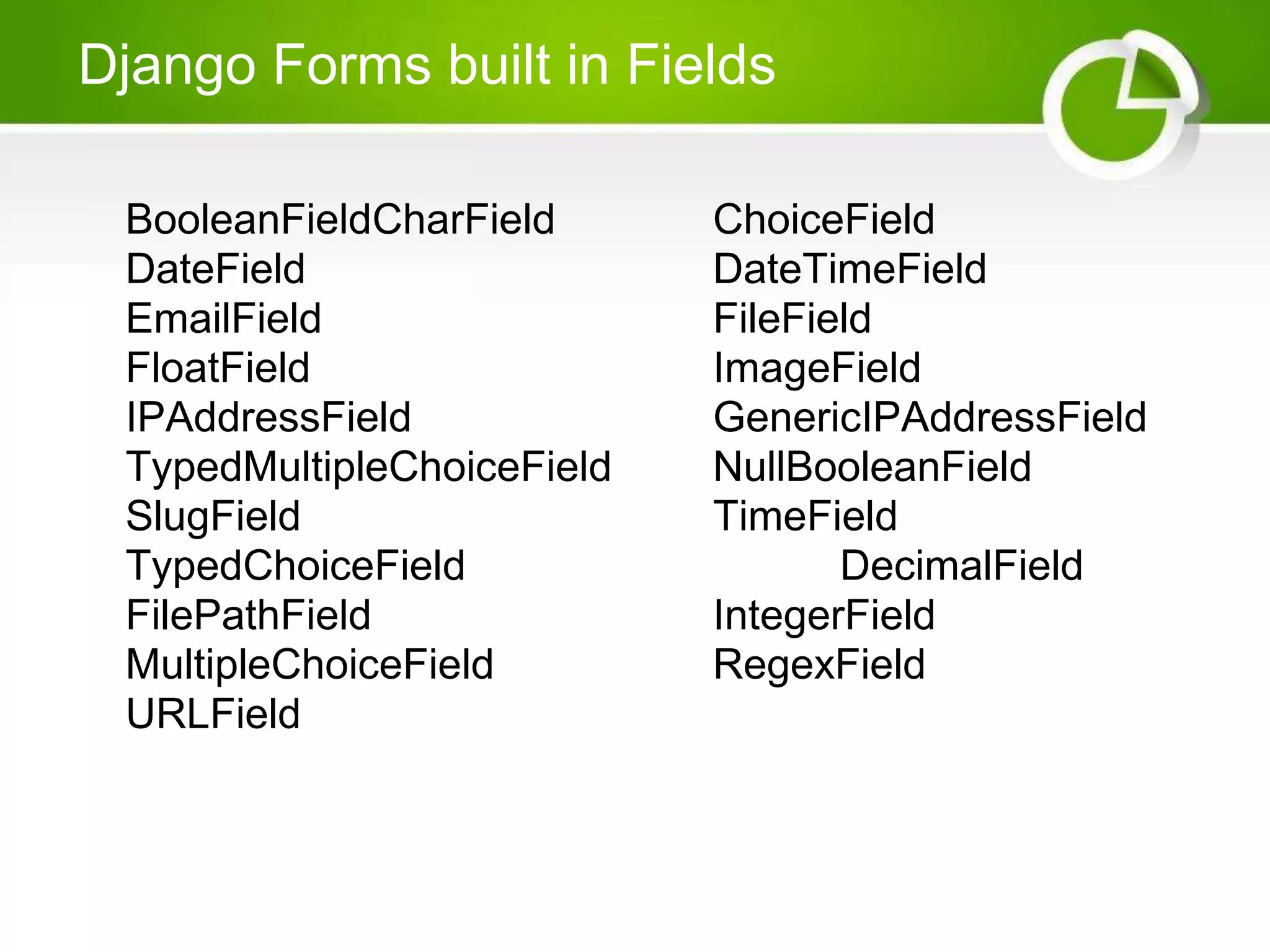 Django Forms built in Fields BooleanFieldCharField ChoiceField DateField DateTimeField EmailField FileField FloatField ImageField IPAddressField GenericIPAddressField TypedMultipleChoiceField NullBooleanField SlugField TimeField TypedChoiceField DecimalField FilePathField IntegerField MultipleChoiceField RegexField URLField 
