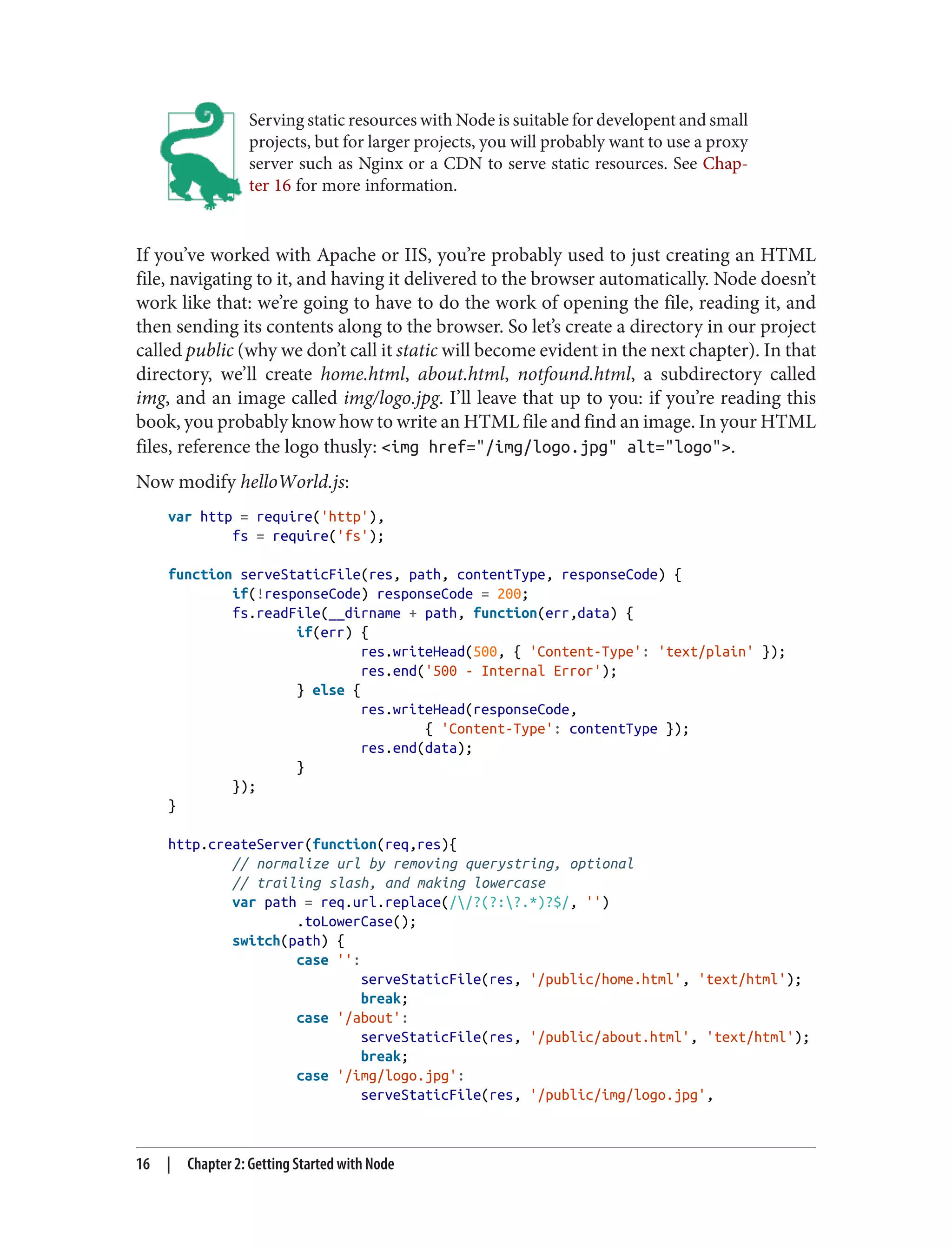 Serving static resources with Node is suitable for developent and small
projects, but for larger projects, you will probably want to use a proxy
server such as Nginx or a CDN to serve static resources. See Chap‐
ter 16 for more information.
If you’ve worked with Apache or IIS, you’re probably used to just creating an HTML
file, navigating to it, and having it delivered to the browser automatically. Node doesn’t
work like that: we’re going to have to do the work of opening the file, reading it, and
then sending its contents along to the browser. So let’s create a directory in our project
called public (why we don’t call it static will become evident in the next chapter). In that
directory, we’ll create home.html, about.html, notfound.html, a subdirectory called
img, and an image called img/logo.jpg. I’ll leave that up to you: if you’re reading this
book, you probably know how to write an HTML file and find an image. In your HTML
files, reference the logo thusly: <img href="/img/logo.jpg" alt="logo">.
Now modify helloWorld.js:
var http = require('http'),
fs = require('fs');
function serveStaticFile(res, path, contentType, responseCode) {
if(!responseCode) responseCode = 200;
fs.readFile(__dirname + path, function(err,data) {
if(err) {
res.writeHead(500, { 'Content-Type': 'text/plain' });
res.end('500 - Internal Error');
} else {
res.writeHead(responseCode,
{ 'Content-Type': contentType });
res.end(data);
}
});
}
http.createServer(function(req,res){
// normalize url by removing querystring, optional
// trailing slash, and making lowercase
var path = req.url.replace(//?(?:?.*)?$/, '')
.toLowerCase();
switch(path) {
case '':
serveStaticFile(res, '/public/home.html', 'text/html');
break;
case '/about':
serveStaticFile(res, '/public/about.html', 'text/html');
break;
case '/img/logo.jpg':
serveStaticFile(res, '/public/img/logo.jpg',
16 | Chapter 2: Getting Started with Node
 