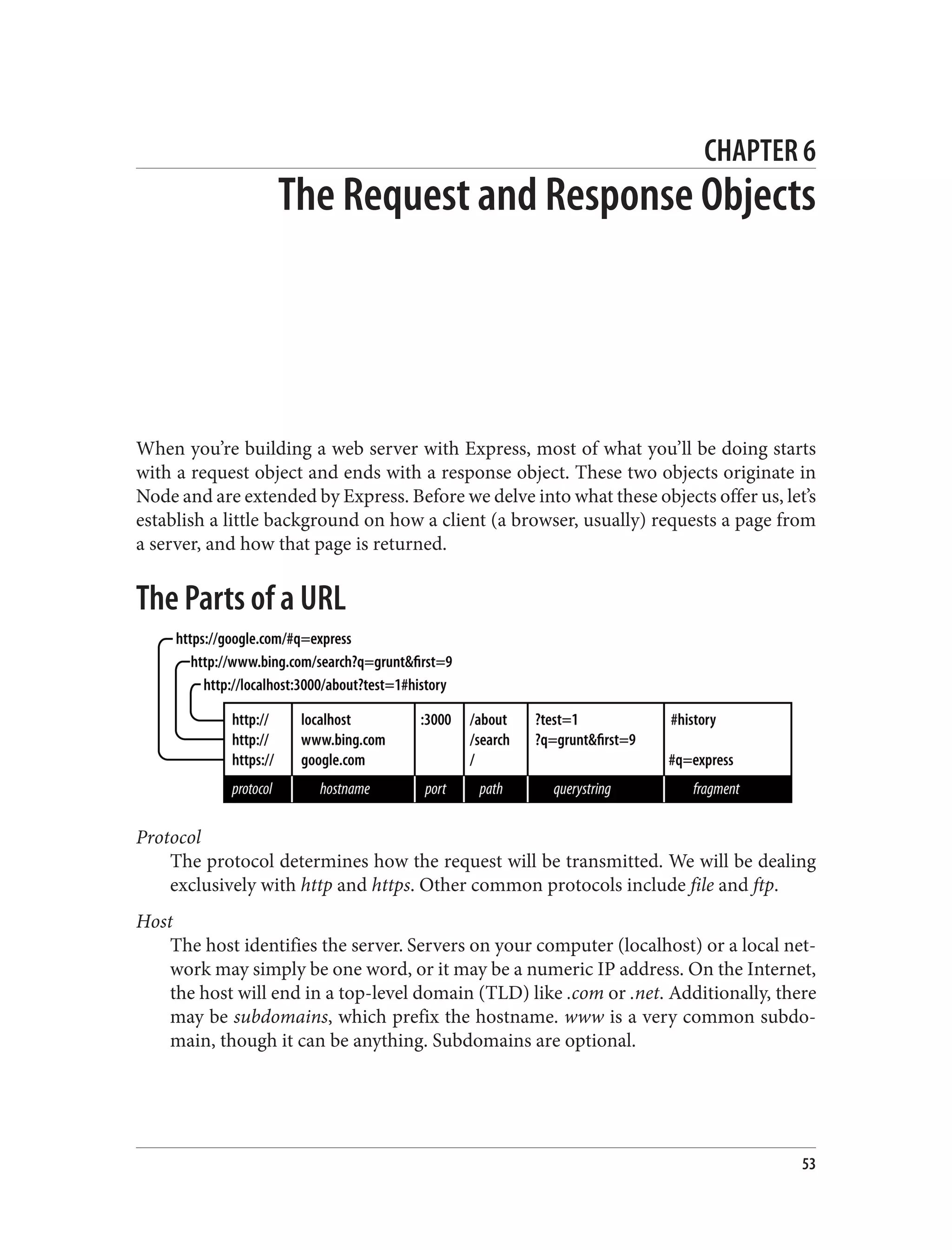 CHAPTER 6
The Request and Response Objects
When you’re building a web server with Express, most of what you’ll be doing starts
with a request object and ends with a response object. These two objects originate in
Node and are extended by Express. Before we delve into what these objects offer us, let’s
establish a little background on how a client (a browser, usually) requests a page from
a server, and how that page is returned.
The Parts of a URL
Protocol
The protocol determines how the request will be transmitted. We will be dealing
exclusively with http and https. Other common protocols include file and ftp.
Host
The host identifies the server. Servers on your computer (localhost) or a local net‐
work may simply be one word, or it may be a numeric IP address. On the Internet,
the host will end in a top-level domain (TLD) like .com or .net. Additionally, there
may be subdomains, which prefix the hostname. www is a very common subdo‐
main, though it can be anything. Subdomains are optional.
53
 