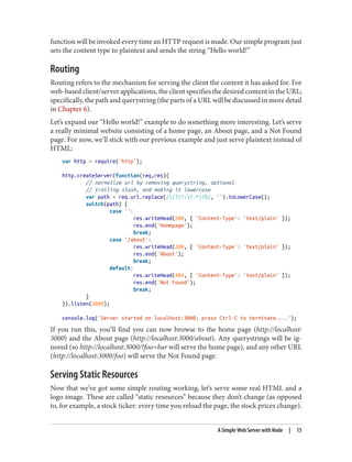 function will be invoked every time an HTTP request is made. Our simple program just
sets the content type to plaintext and sends the string “Hello world!”
Routing
Routing refers to the mechanism for serving the client the content it has asked for. For
web-based client/server applications, the client specifies the desired content in the URL;
specifically, the path and querystring (the parts of a URL will be discussed in more detail
in Chapter 6).
Let’s expand our “Hello world!” example to do something more interesting. Let’s serve
a really minimal website consisting of a home page, an About page, and a Not Found
page. For now, we’ll stick with our previous example and just serve plaintext instead of
HTML:
var http = require('http');
http.createServer(function(req,res){
// normalize url by removing querystring, optional
// trailing slash, and making it lowercase
var path = req.url.replace(//?(?:?.*)?$/, '').toLowerCase();
switch(path) {
case '':
res.writeHead(200, { 'Content-Type': 'text/plain' });
res.end('Homepage');
break;
case '/about':
res.writeHead(200, { 'Content-Type': 'text/plain' });
res.end('About');
break;
default:
res.writeHead(404, { 'Content-Type': 'text/plain' });
res.end('Not Found');
break;
}
}).listen(3000);
console.log('Server started on localhost:3000; press Ctrl-C to terminate....');
If you run this, you’ll find you can now browse to the home page (http://localhost:
3000) and the About page (http://localhost:3000/about). Any querystrings will be ig‐
nored (so http://localhost:3000/?foo=bar will serve the home page), and any other URL
(http://localhost:3000/foo) will serve the Not Found page.
Serving Static Resources
Now that we’ve got some simple routing working, let’s serve some real HTML and a
logo image. These are called “static resources” because they don’t change (as opposed
to, for example, a stock ticker: every time you reload the page, the stock prices change).
A Simple Web Server with Node | 15
 