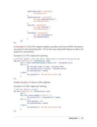 'application/json': function(){
res.json(tours);
},
'application/xml': function(){
res.type('application/xml');
res.send(toursXml);
},
'text/xml': function(){
res.type('text/xml');
res.send(toursXml);
}
'text/plain': function(){
res.type('text/plain');
res.send(toursXml);
}
});
});
In Example 6-13, the PUT endpoint updates a product and returns JSON. Parameters
are passed in the querystring (the ":id" in the route string tells Express to add an id
property to req.params).
Example 6-13. PUT endpoint for updating
// API that updates a tour and returns JSON; params are passed using querystring
app.put('/api/tour/:id', function(req, res){
var p = tours.some(function(p){ return p.id == req.params.id });
if( p ) {
if( req.query.name ) p.name = req.query.name;
if( req.query.price ) p.price = req.query.price;
res.json({success: true});
} else {
res.json({error: 'No such tour exists.'});
}
});
Finally, Example 6-14 shows a DEL endpoint.
Example 6-14. DEL endpoint for deleting
// API that deletes a product
api.del('/api/tour/:id', function(req, res){
var i;
for( var i=tours.length-1; i>=0; i-- )
if( tours[i].id == req.params.id ) break;
if( i>=0 ) {
tours.splice(i, 1);
res.json({success: true});
} else {
res.json({error: 'No such tour exists.'});
}
});
Boiling It Down | 65
 