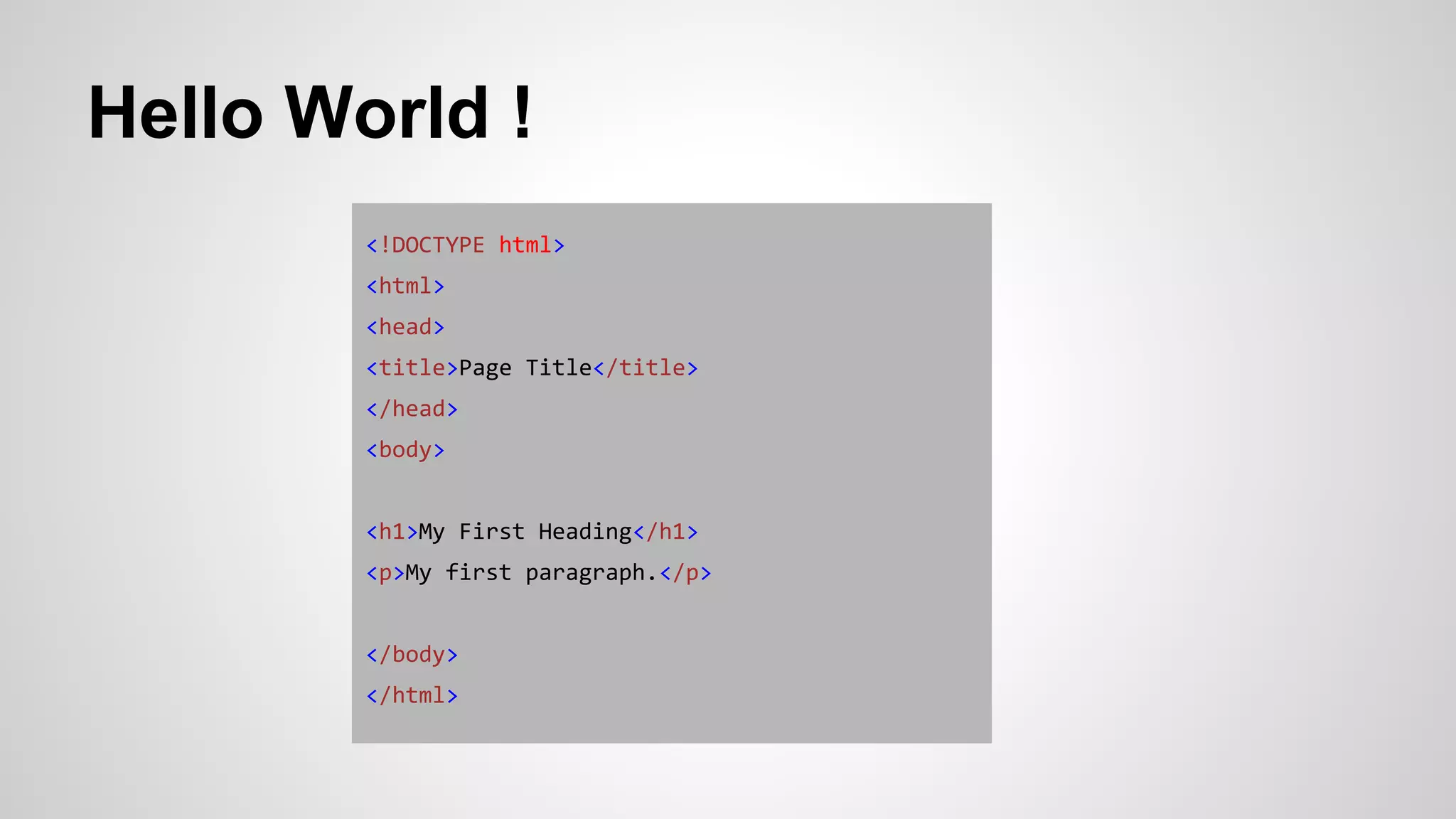 Hello World !
<!DOCTYPE html>
<html>
<head>
<title>Page Title</title>
</head>
<body>
<h1>My First Heading</h1>
<p>My first paragraph.</p>
</body>
</html>
 