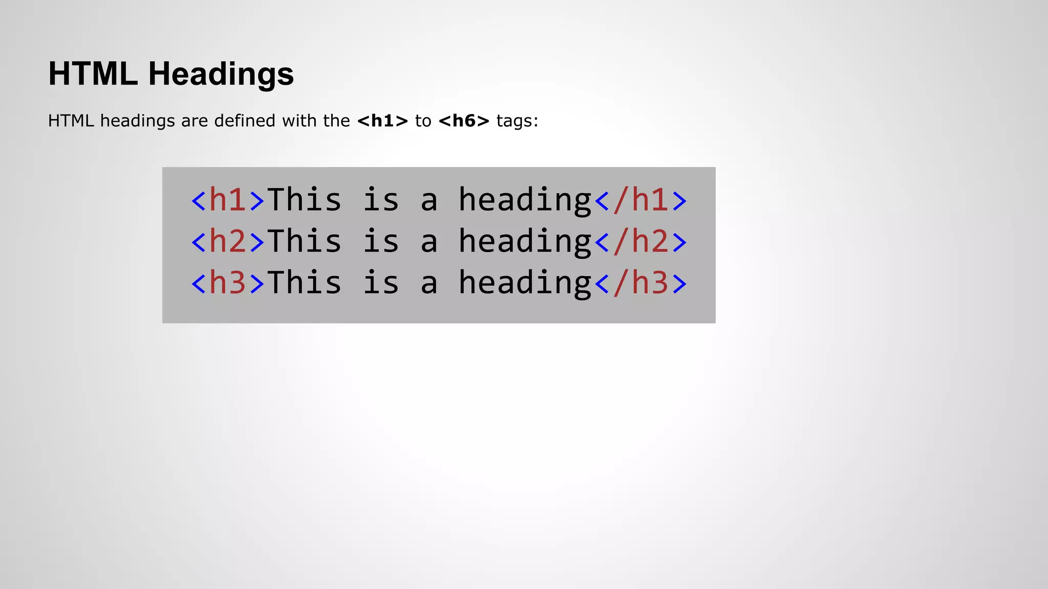 HTML Headings
HTML headings are defined with the <h1> to <h6> tags:
<h1>This is a heading</h1>
<h2>This is a heading</h2>
<h3>This is a heading</h3>
 