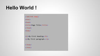 Hello World !
<!DOCTYPE html>
<html>
<head>
<title>Page Title</title>
</head>
<body>
<h1>My First Heading</h1>
<p>My first paragraph.</p>
</body>
</html>
 