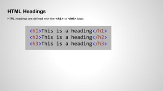 HTML Headings
HTML headings are defined with the <h1> to <h6> tags:
<h1>This is a heading</h1>
<h2>This is a heading</h2>
<h3>This is a heading</h3>
 