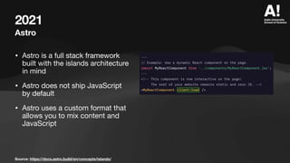 2021
Astro
• Astro is a full stack framework
built with the islands architecture
in mind
• Astro does not ship JavaScript
by default
• Astro uses a custom format that
allows you to mix content and
JavaScript
Source: https://docs.astro.build/en/concepts/islands/
 