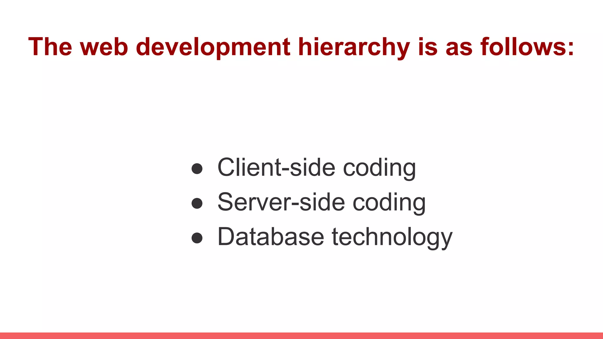The web development hierarchy is as follows:
● Client-side coding
● Server-side coding
● Database technology
 