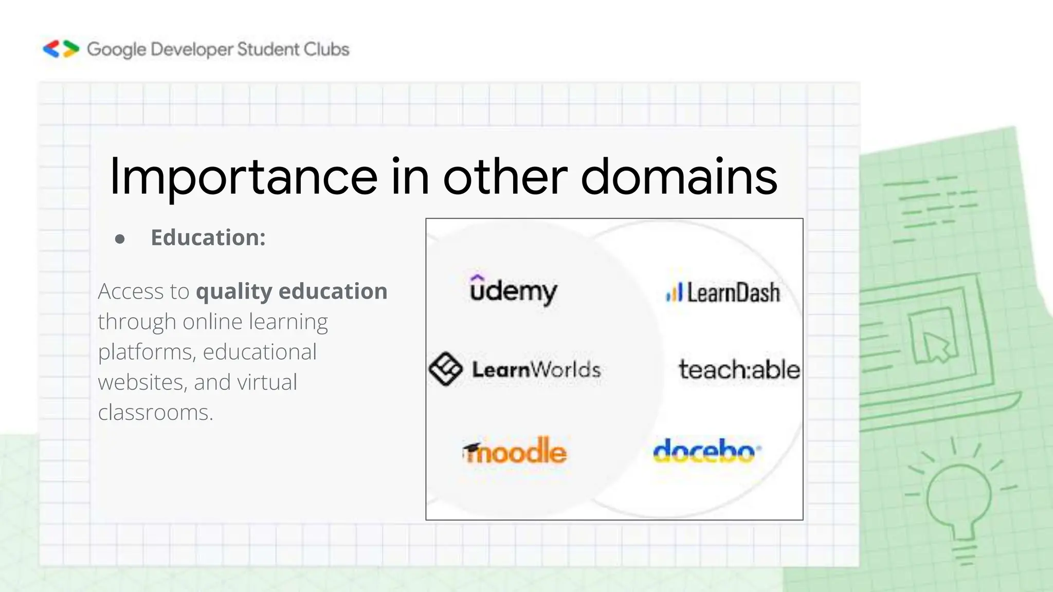 ● Education:
Access to quality education
through online learning
platforms, educational
websites, and virtual
classrooms.
Importance in other domains
 
