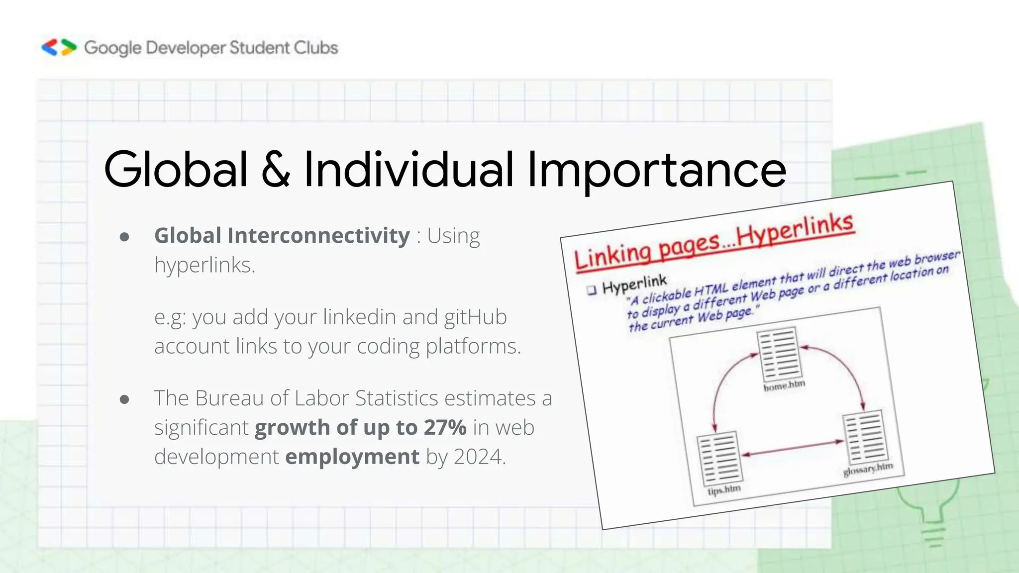 ● Global Interconnectivity : Using
hyperlinks.
e.g: you add your linkedin and gitHub
account links to your coding platforms.
● The Bureau of Labor Statistics estimates a
significant growth of up to 27% in web
development employment by 2024.
Global & Individual Importance
 