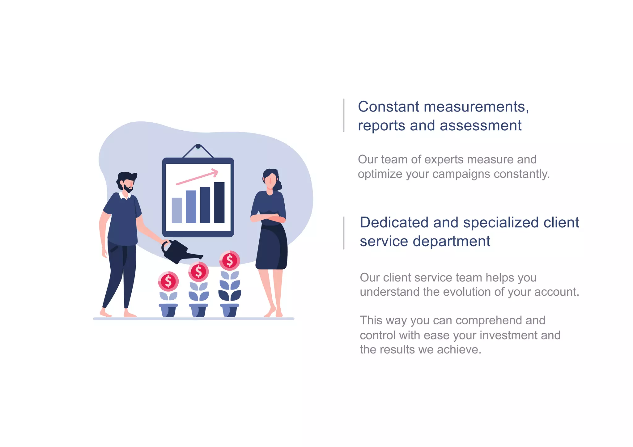 Constant measurements,
reports and assessment
Our team of experts measure and
optimize your campaigns constantly.
Dedicated and specialized client
service department
Our client service team helps you
understand the evolution of your account.
This way you can comprehend and
control with ease your investment and
the results we achieve.
 