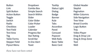 Button
Link
Split Button
Action Button
Toggle
Switch
Radio
Checkbox
Text Field
Text Area
Tag
Table Forms
Stepper Field
Flyout Menu
Dropdown
Combo Box
Simple Search
Search Within
Slider
Color Slider
Color Picker
Loader
Calendar
Progress Bar
Star Rating
Scroll Bar
In-line Alert
Toast
Tooltip
Status Light
Dialog
Badge
Banner
Rule
Tabs
Accordion
Panel
Carousel
Popover
Web Rails
Basic Table
Basic Card
Global Header
Steplist
Pagination
Miller Columns
Side Navigation
Tree View
Bread Crumbs
Logic Button
Tray
Video Player
Drag & Drop List
Drag & Drop Zone
Tool
Well
these have not been vetted
 