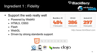 Ingredient 1 : Fidelity

 Support the web really well
     Powered by WebKit
     HTML5, CSS3
     Flash
     WebGL                                http://www.html5test.com

     Driven by strong standards support




                                                               14
 