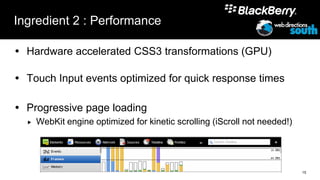 Ingredient 2 : Performance

 Hardware accelerated CSS3 transformations (GPU)

 Touch Input events optimized for quick response times

 Progressive page loading
     WebKit engine optimized for kinetic scrolling (iScroll not needed!)




                                                                            15
 