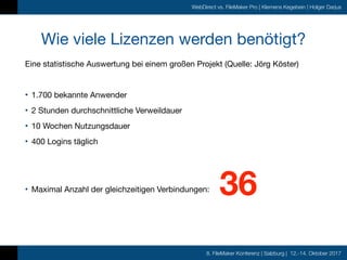 8. FileMaker Konferenz | Salzburg | 12.-14. Oktober 2017
WebDirect vs. FileMaker Pro | Klemens Kegebein | Holger Darjus
Wi...