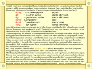 Tanda  &  berarti awal suatu karakter khusus. Tanda  ;  berarti akhir karakter khusus tadi dan huruf-huruf di antaranya adalah semacam singkatan yang menunjukkan fungsinya. Hanya sedikit karakter yang tergolong khusus. Ada 6 lagi yang perlu anda tahu. (Catatan- semuanya harus dituliskan dengan huruf kecil)  &nbsp;      non-breaking space         (spasi)      <         < less-than symbol         (tanda lebih kecil)     >         > greater-than symbol      (tanda lebih besar)      &amp;      & ampersand               (dan)      "       " quotation mark           (tanda petik)      &shy;        ­ soft hyphen              (tanda sambung)   Anda tidak harus menggunakannya  setiap  saat, hanya kalau dengan menuliskan karakter aslinya browser menjadi bingung. Bagaimana anda tahu kalau itu terjadi? Tidak ada 'aturan' pasti yang bisa saya kemukakan. Hal itu akan anda ketahui dengan sedikit latihan dan beberapa kali kesalahan.  Ngomong-ngomong, ada beberapa hal tentang membuat kesalahan dan mengacaubalaukan. Sebagian orang beranggapan bahwa membuat kesalahan itu jelek. Mereka tidak berani mencoba sesuatu yang baru karena takut akan mengacaukan semuanya. Melakukan kesalahan yang sama berulang-ulang memang sedikit bodoh. Tetapi, khususnya pada saat anda belajar, jangan takut untuk mengacaukan hasil kerja anda. Kesalahan adalah teman kita :-) Jika anda tidak pernah mengacaukan sesuatu berarti anda tidak belajar apapun dan kemungkinan tidak melakukan apapun. Ingat, mengacaukan hasil kerja adalah bagian yang sah dan sangat bisa diterima dari proses belajar!  OK, cukup ngecapnya. Masih ada lagi   beberapa   karakter   khusus . Kemungkinan anda tidak akan pernah menggunakannya, tetapi saya ingin anda tahu bahwa karakter-karakter tersebut ada.  Mari kita pelajari beberapa hal terakhir ini secara cepat karena jika anda seperti saya, ini akan memusingkan. Browser akan menampilkan apapun yang anda tuliskan secara berurutan kecuali anda mengubahnya dengan perintah membuat baris baru dsb. Browser akan mengurangi berapapun karakter kosong menjadi hanya 1 spasi. Kalau anda mau lebih dari satu spasi, anda harus gunakan kode spasi ( &nbsp; ). Sebetulnya masih ada beberapa hal kecil yang belum kita bahas.... Kalau anda menekan tombol Return (atau Enter) pada saat anda mengetik, sebagian besar browser akan menganggapnya sebagai spasi....  kecuali sudah ada spasi di sana.   