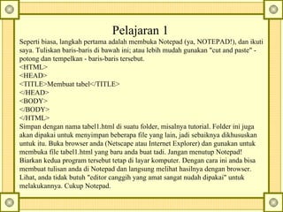 Pelajaran 1  Seperti biasa, langkah pertama adalah membuka Notepad (ya, NOTEPAD!), dan ikuti saya. Tuliskan baris-baris di bawah ini; atau lebih mudah gunakan "cut and paste" - potong dan tempelkan - baris-baris tersebut.  <HTML>  <HEAD>  <TITLE>Membuat tabel</TITLE>  </HEAD>  <BODY>  </BODY>  </HTML>  Simpan dengan nama tabel1.html di suatu folder, misalnya tutorial. Folder ini juga akan dipakai untuk menyimpan beberapa file yang lain, jadi sebaiknya dikhususkan untuk itu. Buka browser anda (Netscape atau Internet Explorer) dan gunakan untuk membuka file tabel1.html yang baru anda buat tadi.  Jangan menutup Notepad! Biarkan kedua program tersebut tetap di layar komputer. Dengan cara ini anda bisa membuat tulisan anda di Notepad dan langsung melihat hasilnya dengan browser. Lihat, anda tidak butuh "editor canggih yang amat sangat nudah dipakai" untuk melakukannya.  Cukup Notepad.  