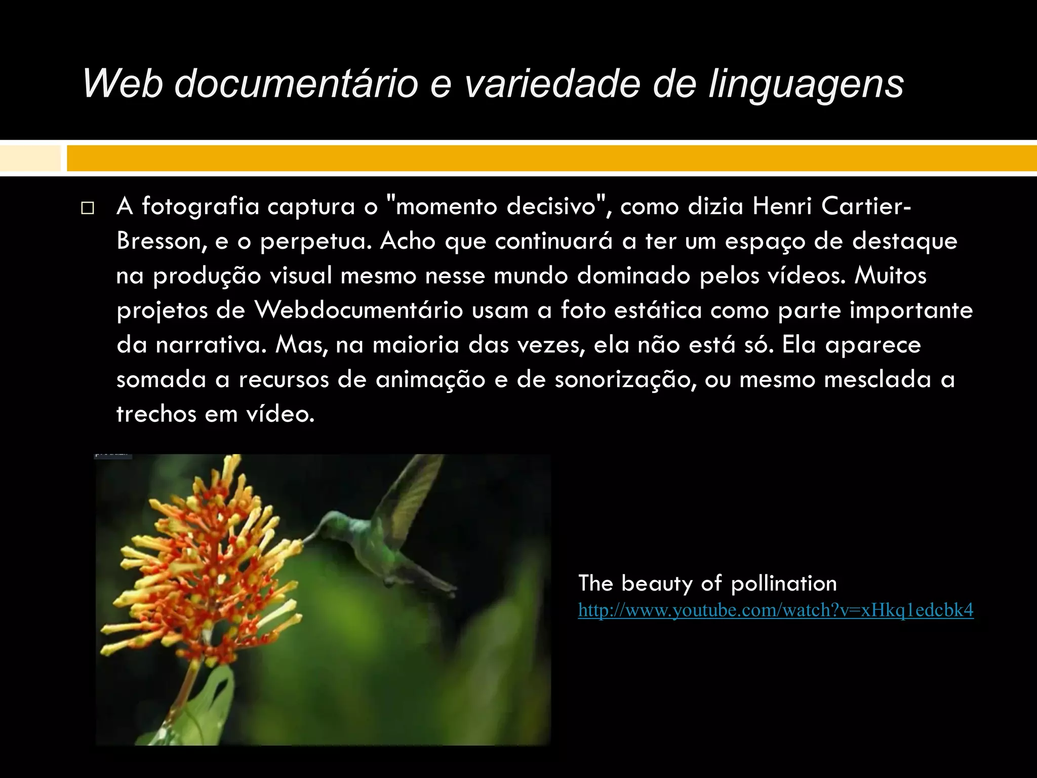 Web documentário e variedade de linguagens
 A fotografia captura o "momento decisivo", como dizia Henri Cartier-
Bresson, e o perpetua. Acho que continuará a ter um espaço de destaque
na produção visual mesmo nesse mundo dominado pelos vídeos. Muitos
projetos de Webdocumentário usam a foto estática como parte importante
da narrativa. Mas, na maioria das vezes, ela não está só. Ela aparece
somada a recursos de animação e de sonorização, ou mesmo mesclada a
trechos em vídeo.
The beauty of pollination
http://www.youtube.com/watch?v=xHkq1edcbk4
 