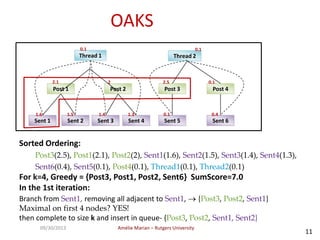 Amélie Marian – Rutgers University09/30/2013
11
OAKS
Sorted Ordering:
Post3(2.5), Post1(2.1), Post2(2), Sent1(1.6), Sent2(1.5), Sent3(1.4), Sent4(1.3),
Sent6(0.4), Sent5(0.1), Post4(0.1), Thread1(0.1), Thread2(0.1)
For k=4, Greedy = {Post3, Post1, Post2, Sent6} SumScore=7.0
In the 1st iteration:
{Post3, Post2, Sent1, Sent2} SumScore = 7.6
{Post3 , Post1, Sent3, Sent4} SumScore = 7.3
Branches from nodes before Sent6,
i.e. Sent1, Sent2, Sent3, Sent4
Branch from Sent1, removing all adjacent to Sent1,  {Post3, Post2, Sent1}
Maximal on first 4 nodes? YES!
then complete to size k and insert in queue- {Post3, Post2, Sent1, Sent2}
Thread 1 Thread 2
Post 1 Post 2 Post 4Post 3
Sent 1 Sent 2 Sent 3 Sent 4 Sent 5 Sent 6
0.1
2.1 2 2.5 0.1
0.1
0.1 0.41.6 1.5 1.4 1.3
 