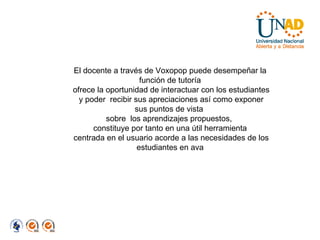 El docente a través de Voxopop puede desempeñar la función de tutoría ofrece la oportunidad de interactuar con los estudiantes y poder  recibir sus apreciaciones así como exponer sus puntos de vista  sobre  los aprendizajes propuestos,  constituye por tanto en una útil herramienta centrada en el usuario acorde a las necesidades de los estudiantes en ava 