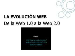 LA EVOLUCIÓN WEB  De la Web 1.0 a la Web 2.0 http:// www.youtube.com / watch?v = Bc0oDIEbYFc & feature = related   video 