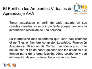 El Perfil en los Ambientes Virtuales de Aprendizaje AVA Tener actualizado el perfil de cada usuario en sus cuentas creadas es muy importante porque contiene la información resumida de una persona. La información mas importante que tiene que contener el perfil es el Nombre completo, Localidad, Formación Académica, Dirección de Correo Electrónico y su Foto actual; con el fin de saber quiénes son los usuarios que forman parte de la organización, cómo colaboran y qué información desean obtener los unos de los otros. 