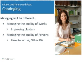Entities	
  and	
  library	
  workflows 
Cataloging
Cataloging	
  will	
  be	
  different…	
  
▪ Managing	
  the	
  quality	
  of	
  Works	
  
• Improving	
  clusters	
  
▪ Managing	
  the	
  quality	
  of	
  Persons	
  
• Links	
  to	
  works,	
  Other	
  IDs
 