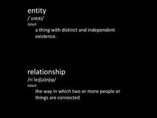 entity	
  
/ˈɛntɪti/	
  
noun	
  
a	
  thing	
  with	
  distinct	
  and	
  independent	
  
existence.
relationship	
  
/rɪˈleɪʃ(ə)nʃɪp/	
  
noun	
  
the	
  way	
  in	
  which	
  two	
  or	
  more	
  people	
  or	
  
things	
  are	
  connected	
  
 