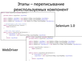 Этапы – переписывание
      реиспользуемых компонент


                        Selenium 1.0




WebDriver
 