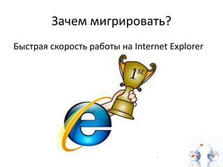 Зачем мигрировать?
Быстрая скорость работы на Internet Explorer
 