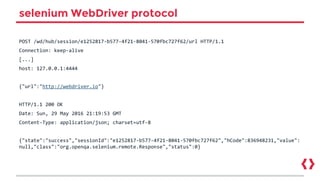 selenium WebDriver protocol
POST /wd/hub/session/e1252817-b577-4f21-8041-570fbc727f62/url HTTP/1.1
Connection: keep-alive
[...]
host: 127.0.0.1:4444
{"url":"http://webdriver.io"}
HTTP/1.1 200 OK
Date: Sun, 29 May 2016 21:19:53 GMT
Content-Type: application/json; charset=utf-8
{"state":"success","sessionId":"e1252817-b577-4f21-8041-570fbc727f62","hCode":836948231,"value":
null,"class":"org.openqa.selenium.remote.Response","status":0}
 
