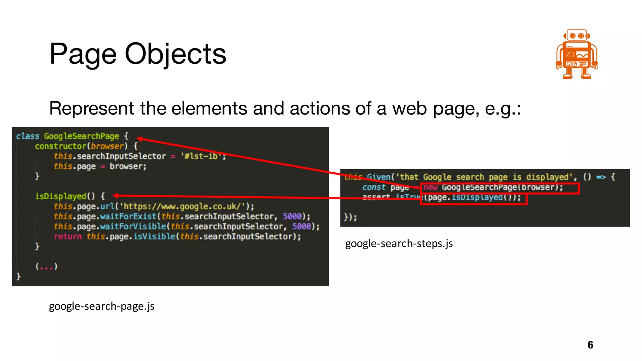 Page Objects
Represent the elements and actions of a web page, e.g.:
6
google-search-page.js
google-search-steps.js
 