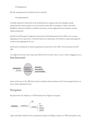 Manipulation
My 4th categorisation has resulted in fewer methods:
Synchronisation
I initially expected to find more in the Synchronisation category, since the strategies around
synchronisation often consume a lot of automation time. But in retrospect it makes sense since
WebDriver abstracts the Driver and Dom interaction, not the application level semantics around
elegant progression.
Initially I used Navigation, Inspection, Interaction and Synchronisation but I didn’t want so many
beginning with the same letter. I find that bad for my mnemonics. So feel free to chop and change the
words as most appropriate for you.
In this post I will present an initial categorisation of portions of the API. I will not present the full
API.
At a high level we have the 5 main areas. What? First we had 3, then 4, now 5. Have I engaged you in a
Monty Python sketch?
Some of the areas of the API relate closely to specific domain elements that I have grouped them in an
easy to find categorisation first.
Navigation
Navigation has the smallest set of API elements for a high level category:
Again I probably should not have experienced surprise at finding a small set of API functionality, since
 