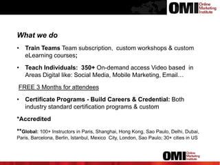 OMI in Nutshell

What we do

• Train Teams Team subscription, custom workshops & custom
eLearning courses;
• Teach Individuals: 350+ On-demand access Video based in
Areas Digital like: Social Media, Mobile Marketing, Email…
FREE 3 Months for attendees

• Certificate Programs - Build Careers & Credential: Both
industry standard certification programs & custom
*Accredited
**Global: 100+ Instructors in Paris, Shanghai, Hong Kong, Sao Paulo, Delhi, Dubai,
Paris, Barcelona, Berlin, Istanbul, Mexico City, London, Sao Paulo; 30+ cities in US

 